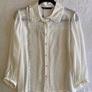 Zara White Dotted Mesh Blouse 3/4 Sleeve Size L NWT